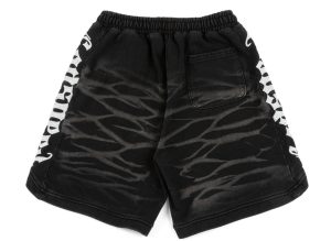 Rear view of Godspeed New York CourtSide Shorts 'Black Tie Dye' featuring black tie-dye pattern and bold white gothic logo text